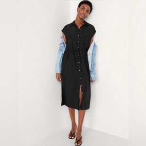 Tan Button-Down Cap Sleeve Midi Dress